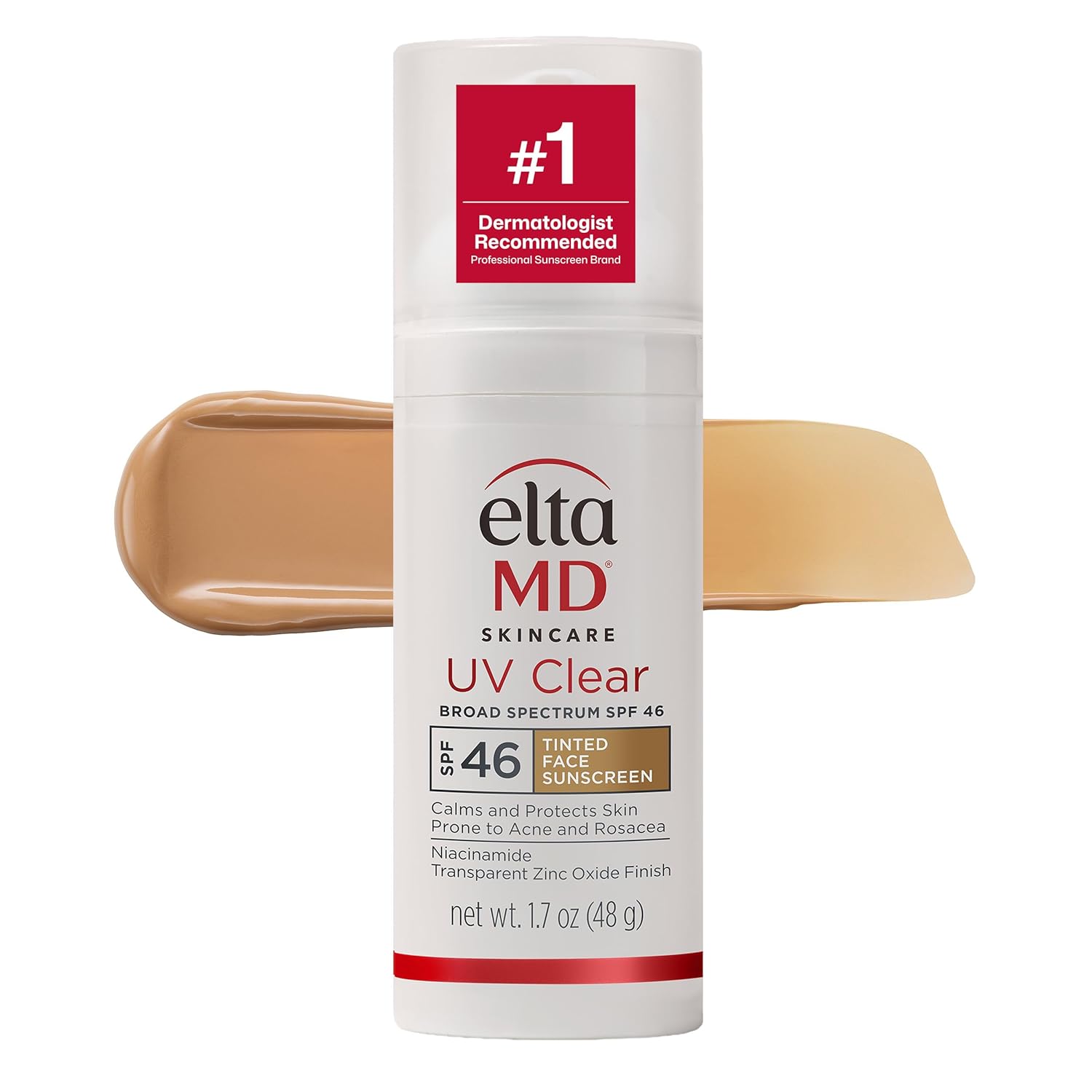 Eltma MD UV Clear sunscreen bottle with a swatch of tan color on a white background